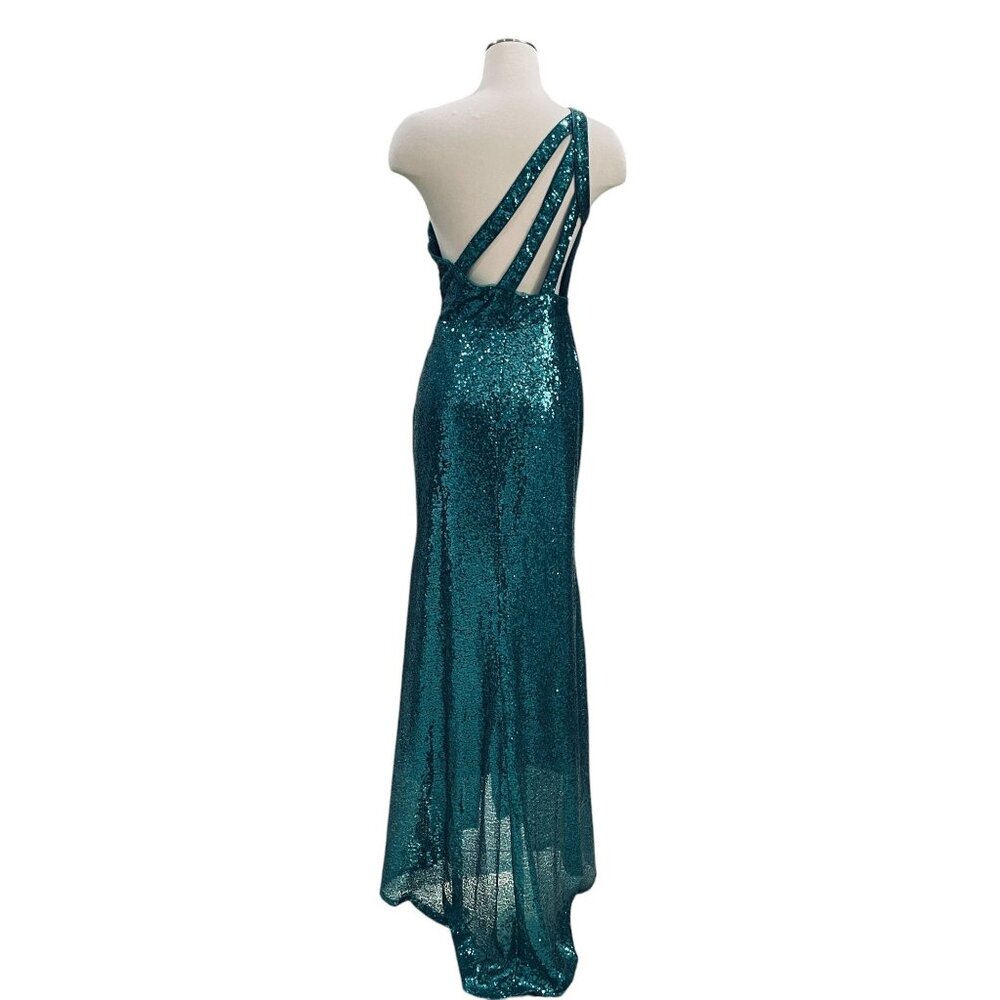 Teal Sequin One Shoulder Slit Maxi Dress Formal Gown Prom‎ Y2K Party Sexy - Picture 7 of 11